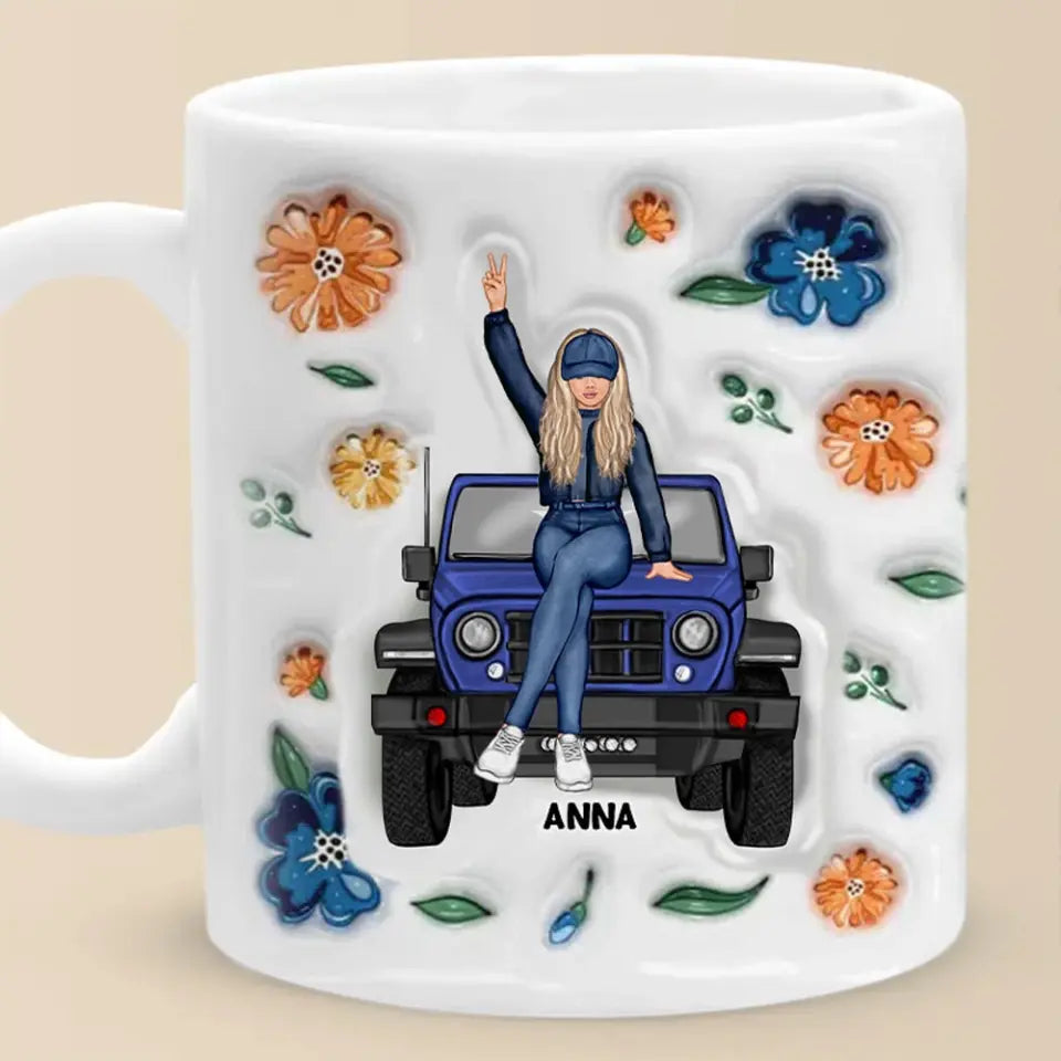 Personalized Jeep Girl with Flowers Custom Name White Mug Printed HN241073