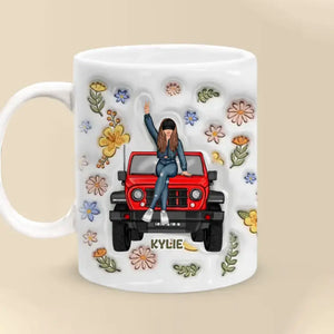 Personalized Jeep Girl with Flowers Custom Name White Mug Printed HN241073