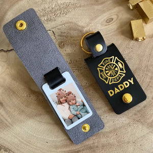 Personalized Upload Your Photo Firefighter Daddy Chirldren Image Leather Keychain Printed KVH241113