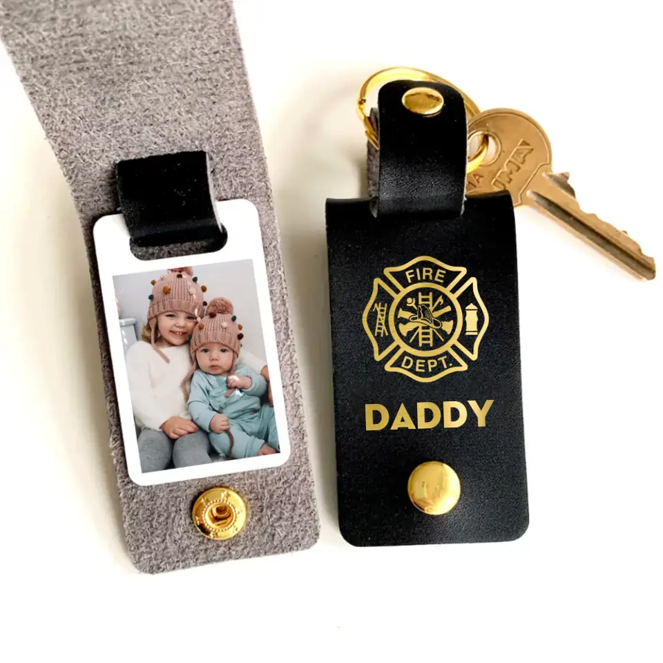 Personalized Upload Your Photo Firefighter Daddy Chirldren Image Leather Keychain Printed KVH241113