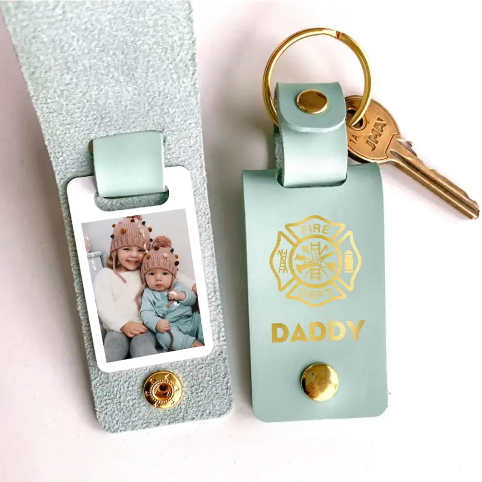 Personalized Upload Your Photo Firefighter Daddy Chirldren Image Leather Keychain Printed KVH241113