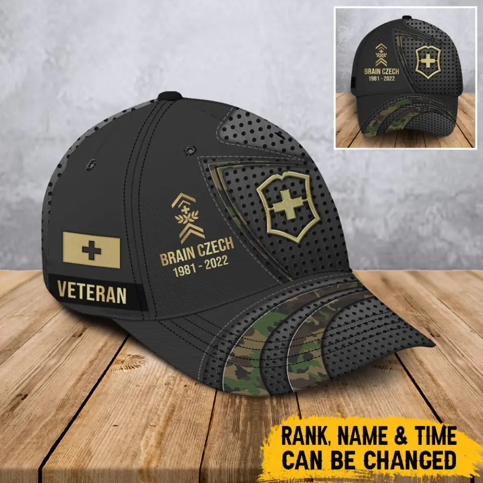 Personalized Swiss Veteran Army Logo Rank Gold Custom Name & Time Cap 3D Printed AHVA241112