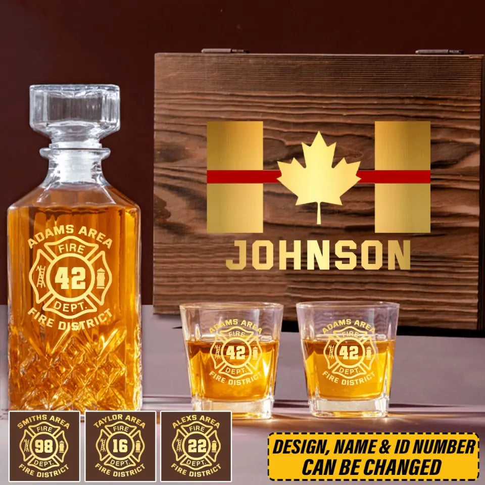 Personalized Canadian Firefighter Custom Name Department & ID Decanter Set with Glasses Printed VQ241129