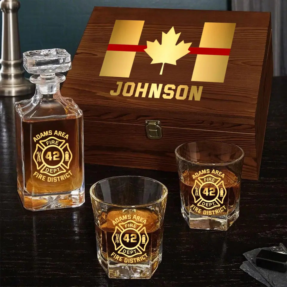 Personalized Canadian Firefighter Custom Name Department & ID Decanter Set with Glasses Printed VQ241129