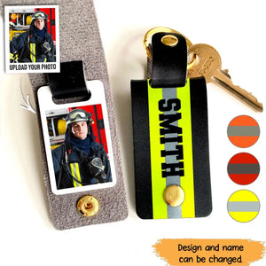 Personalized Upload Your Firefighter Photo Custom Name Leather Keychain Printed QTHN241140