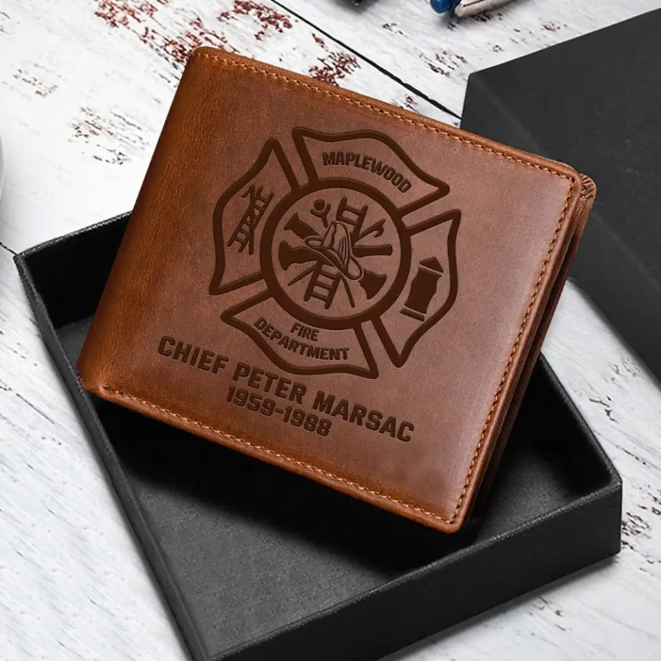 Personalized Firefighter Logo Custom Name & Department Laser Leather Wallet QTHN241165