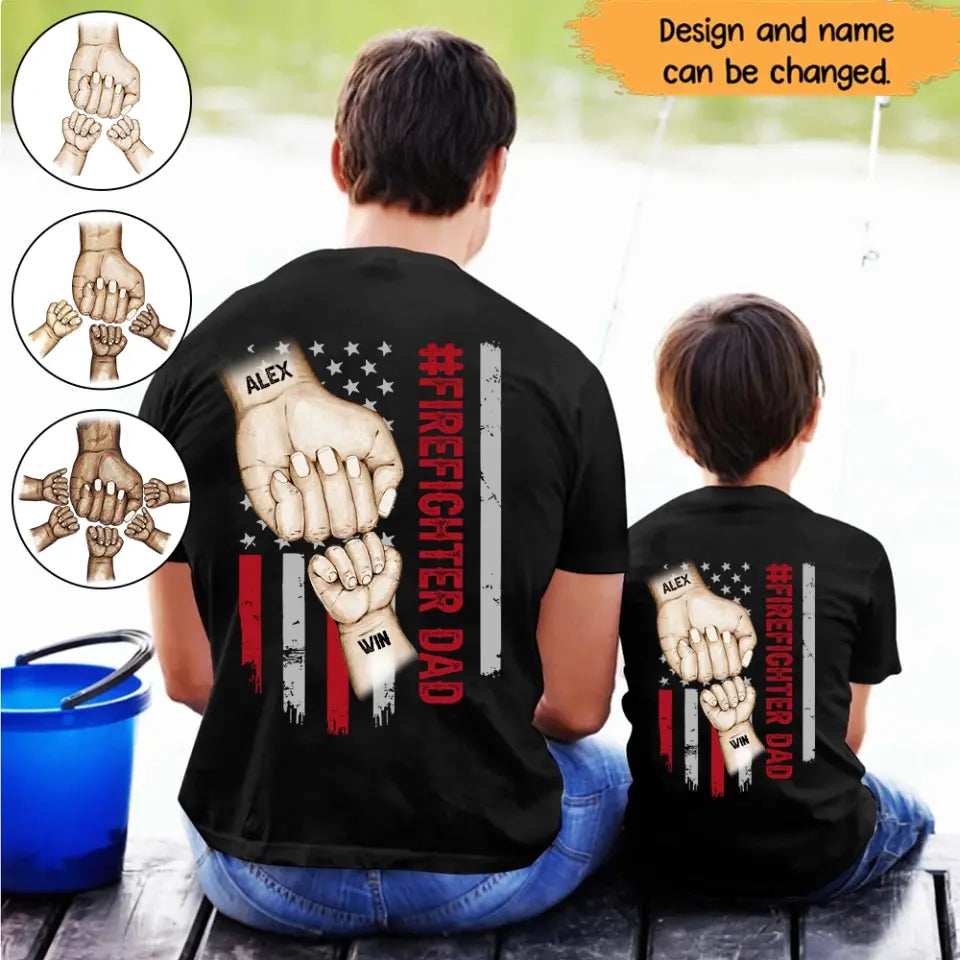 Personalized US Firefighter Dad Hands with Kid Names T-shirt Printed HN241194