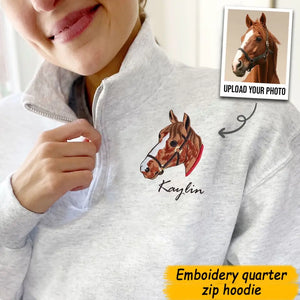 Personalized Upload Your Horse Photo Horse Art Embroidered Stand Collar Zipper Sweatshirt 2D Printed HN241262