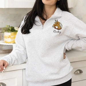 Personalized Upload Your Horse Photo Horse Art Embroidered Stand Collar Zipper Sweatshirt 2D Printed HN241262