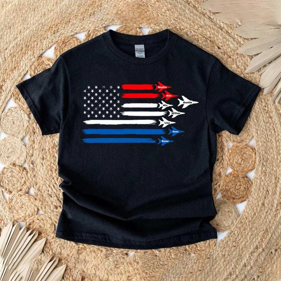 Personalized Auntie & Kid Names Fighter Jet US Flag Independence Day 4th July T-shirt Printed HN241370