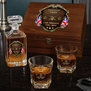 Personalized UK Veteran Branch Logo Rank Gold Custom Name Decanter Set with Glasses printed AHVA241366