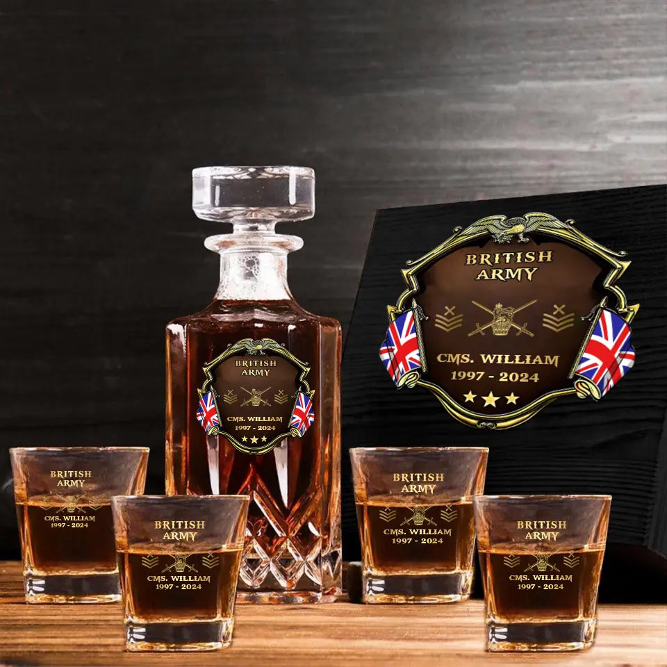 Personalized UK Veteran Branch Logo Rank Gold Custom Name Decanter Set with Glasses printed AHVA241366