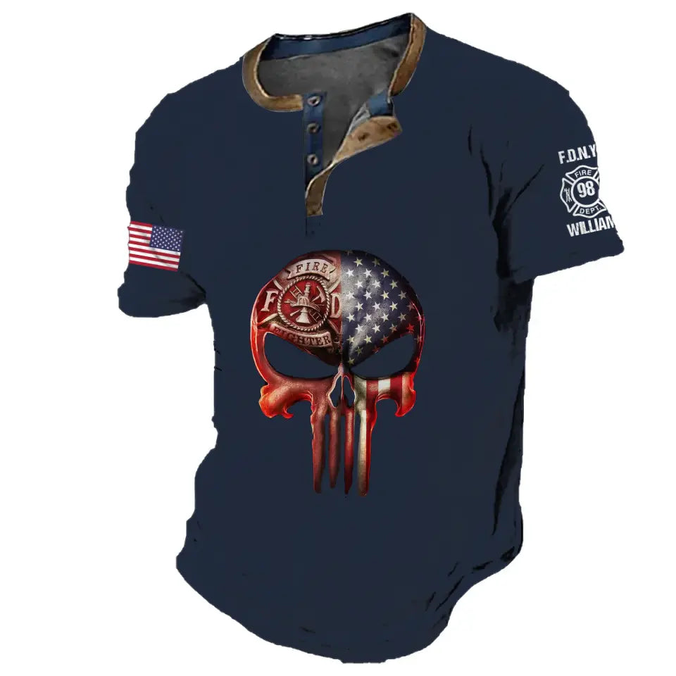 Personalized Punisher Skull US Firefighter Logo Custom Name, ID Number & Department Lapel Button Men's Short Sleeves Neck Short Sleeve Button T shirt Printed AHVQ241406