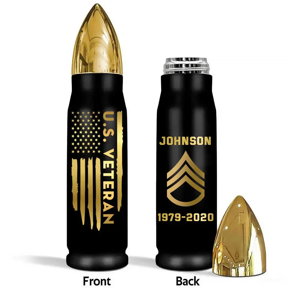 Personalized US Veteran Rank Gold Custom Name & Time Bullet Tumbler KVH241423