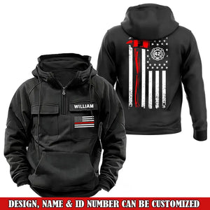 Personalized US Firefighter Logo US Flag Custom Name & ID American Retro Hooded Sweatshirt Printed VQ241429