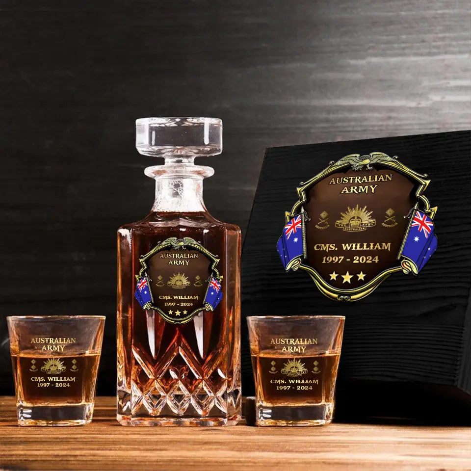 Personalized Australian Veteran Branch Logo Rank Gold Custom Name Decanter Set with Glasses printed AHVA241366