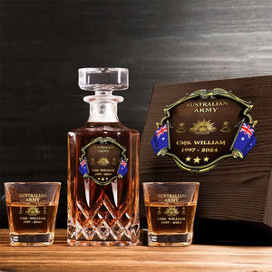 Personalized Australian Veteran Branch Logo Rank Gold Custom Name Decanter Set with Glasses printed AHVA241366