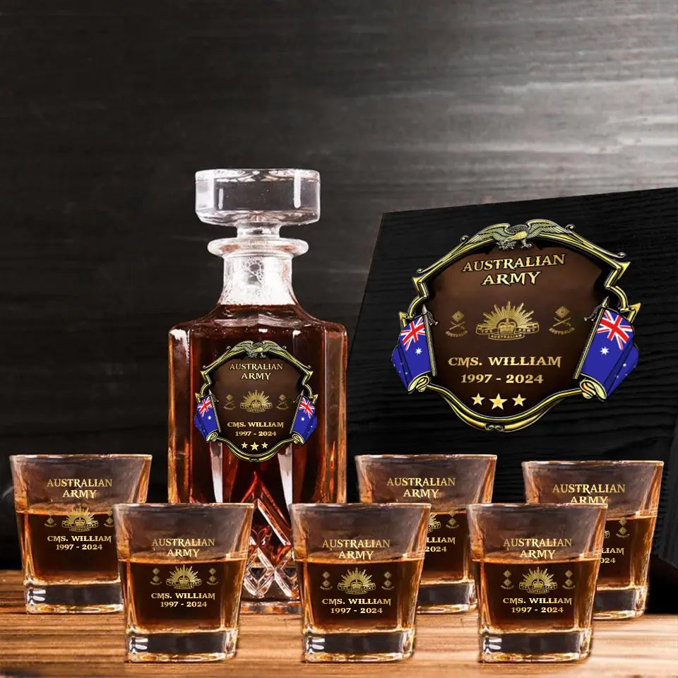 Personalized Australian Veteran Branch Logo Rank Gold Custom Name Decanter Set with Glasses printed AHVA241366