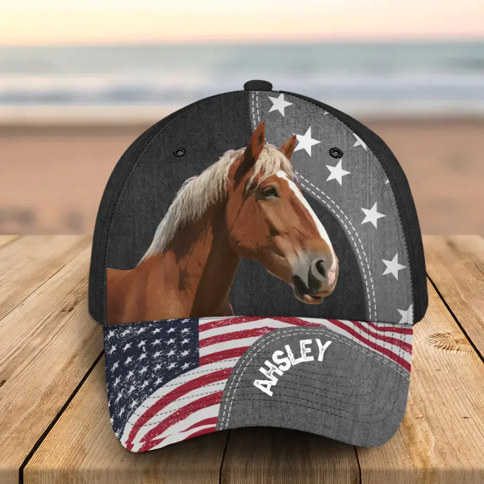 Personalized Upload Your Horse Photo US Flag Horse Lovers Gift Independence Day 4th July Gift Cap 3D Printed HN241533