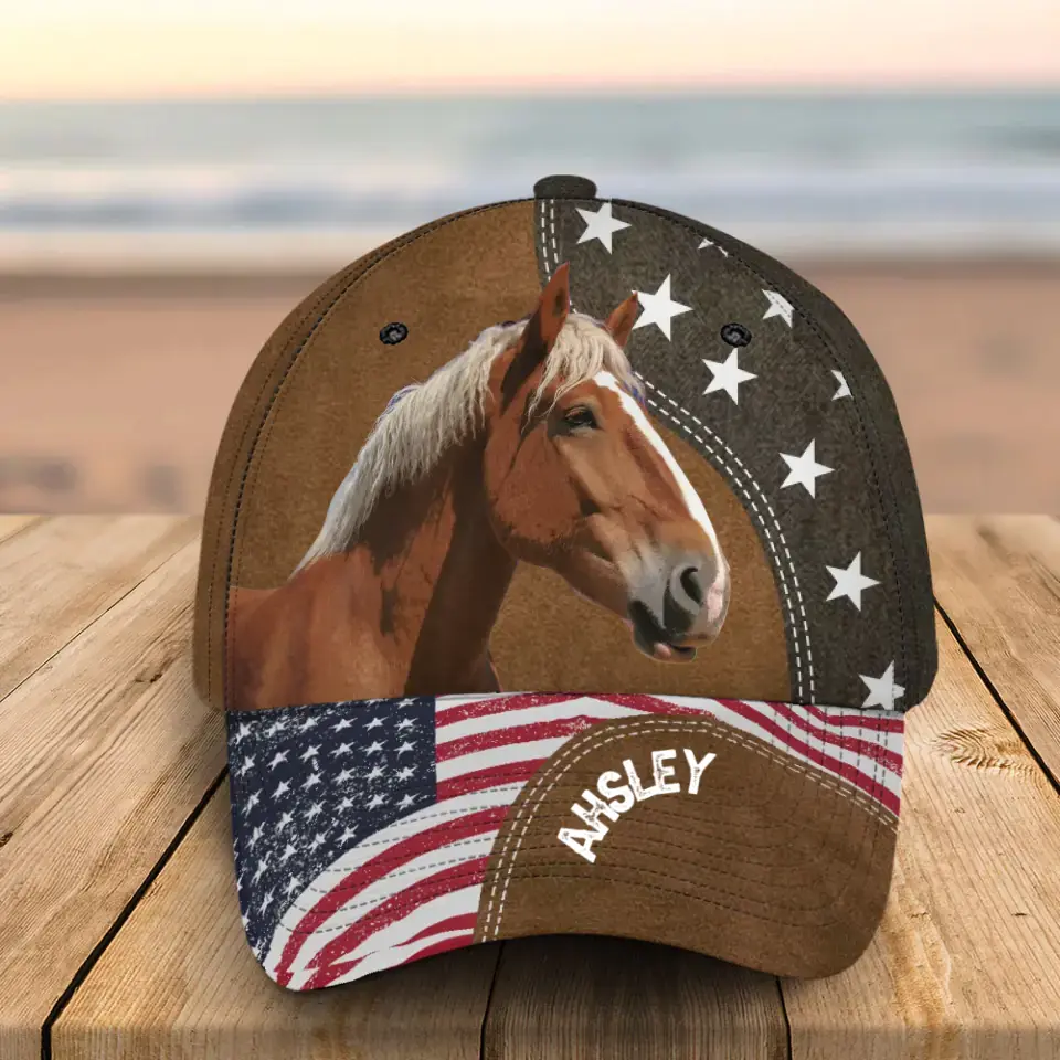 Personalized Upload Your Horse Photo US Flag Horse Lovers Gift Independence Day 4th July Gift Cap 3D Printed HN241533