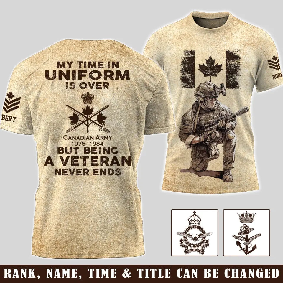 Personalized My Time In Uniform Is Over But Being A Veteran Never Ends Canadian Veteran T-shirt Printed AHVA241524