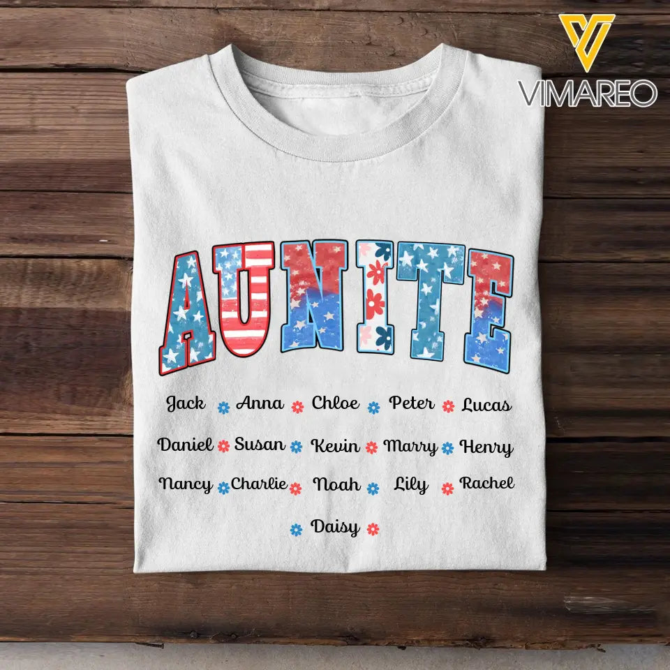 Personalized US Auntie Flowers & Kid Names Independence Day 4th July T-shirt Printed HN241536