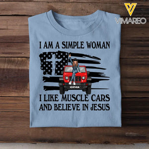 Personalized I Am A Simple Woman I Like Muscle Cars And Believe In Jesus Jeep Girl T-shirt Printed AHHN241630