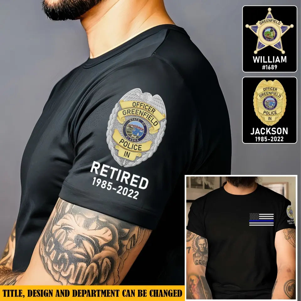 Personalized Retired US Police Badge & Service Time US Flag Blue Line T-shirt Printed KVH241740