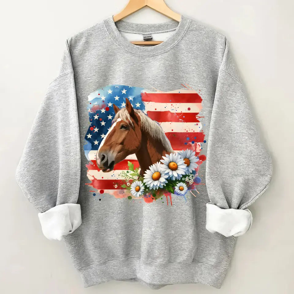 Personalized Upload Your Horse Photo Horse Flowers US Flag Horse Lovers Gift Sweatshirt Printed HN241738