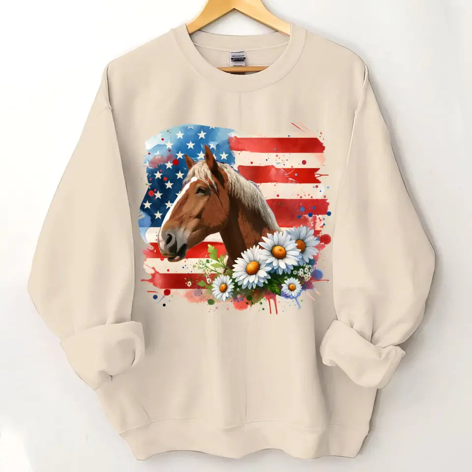 Personalized Upload Your Horse Photo Horse Flowers US Flag Horse Lovers Gift Sweatshirt Printed HN241738