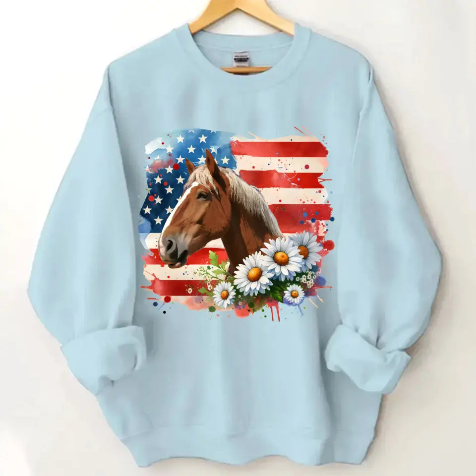 Personalized Upload Your Horse Photo Horse Flowers US Flag Horse Lovers Gift Sweatshirt Printed HN241738