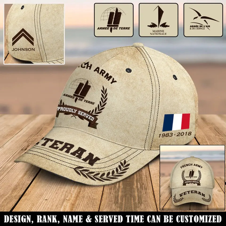 Personalized French Army Veteran Proudly Served Custom Name, Rank & Service Time Cap 3D Printed AHVQ241765