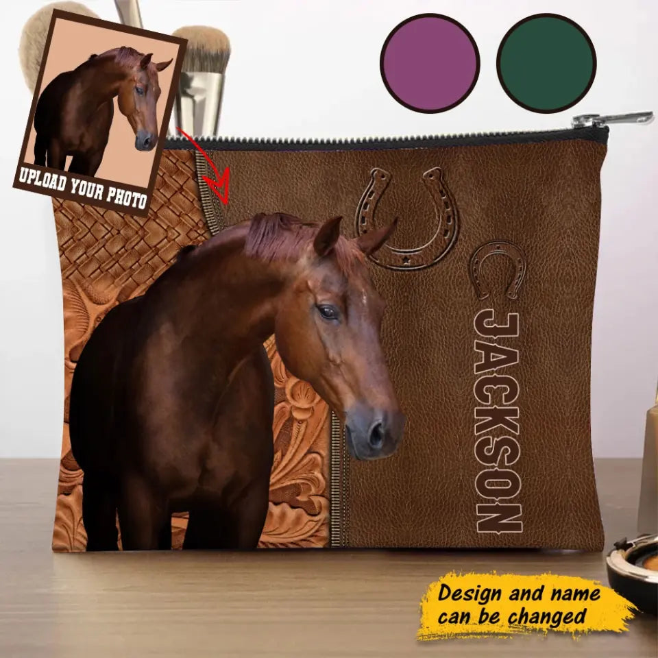 Personalized Upload Your Horse Photo Leather Background Make Up Cosmetic Bag Printed KVH241796