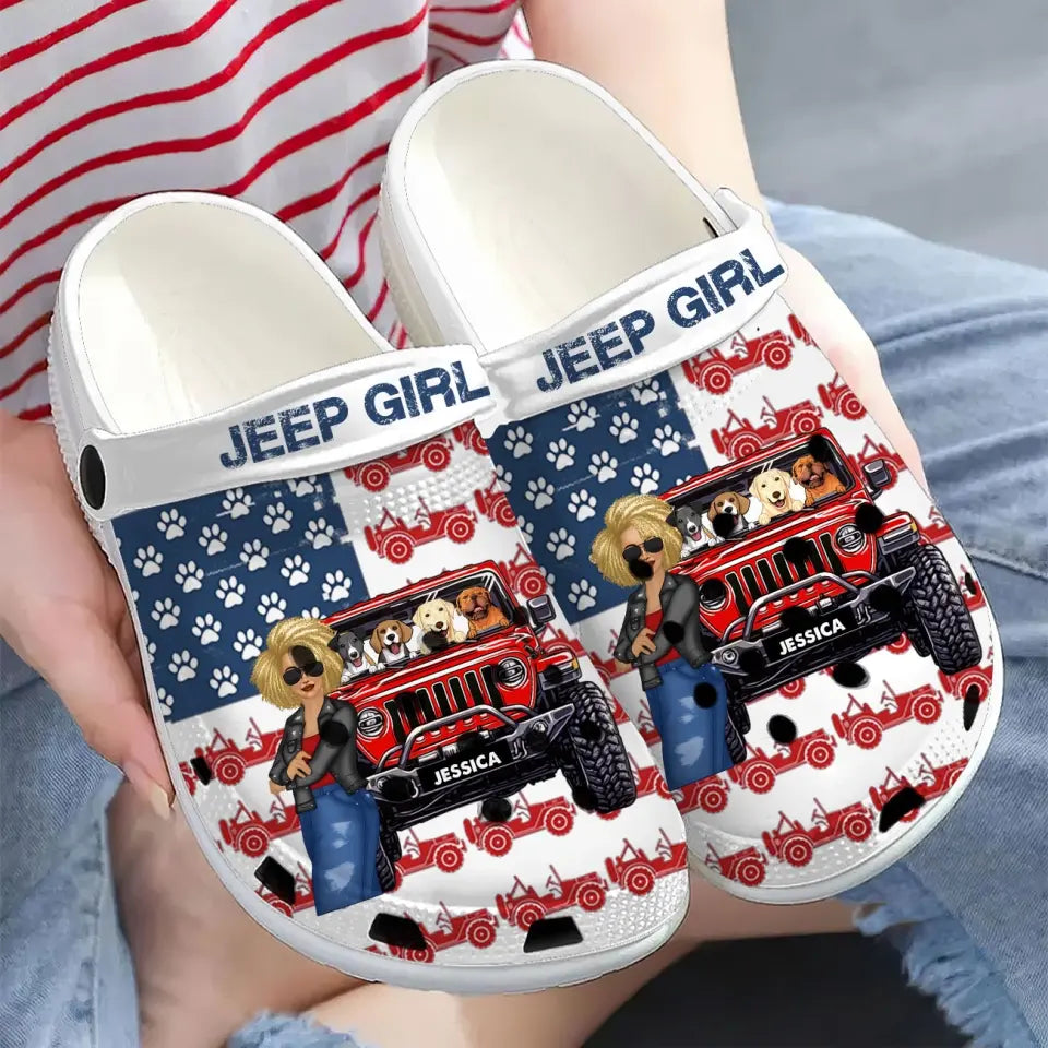 Personalized Jeep Girl & Dogs Jeep US Flag Clogs Slipper Shoes Printed LVA241802