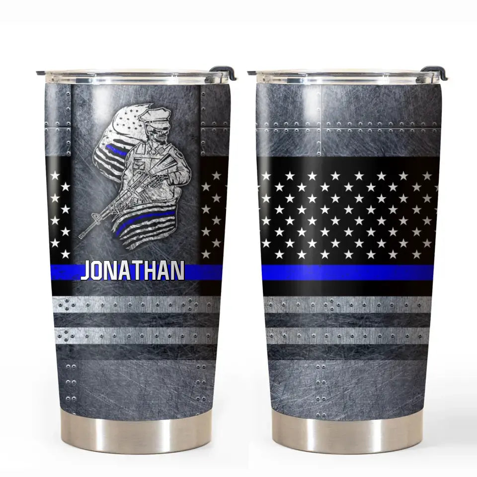 Personalized US Police Skull Thin Blue Line Custom Name Tumbler Printed QTVA241831