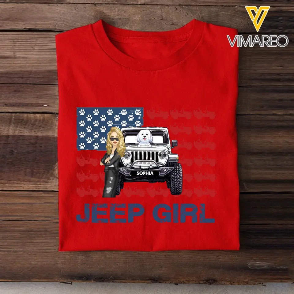 Personalized Jeep Girl & Dog US Flag Independence Day 4th July Gift T-shirt Printed VQ241657