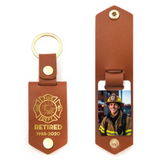 Personalized Upload Your Photo Retired Firefighter Leather Keychain Printed QTKH241901