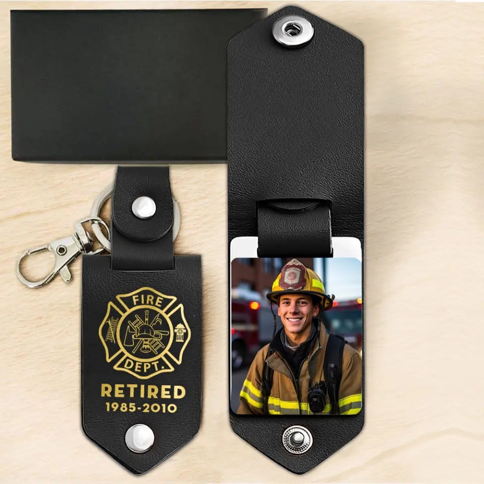 Personalized Upload Your Photo Retired Firefighter Leather Keychain Printed QTKH241901