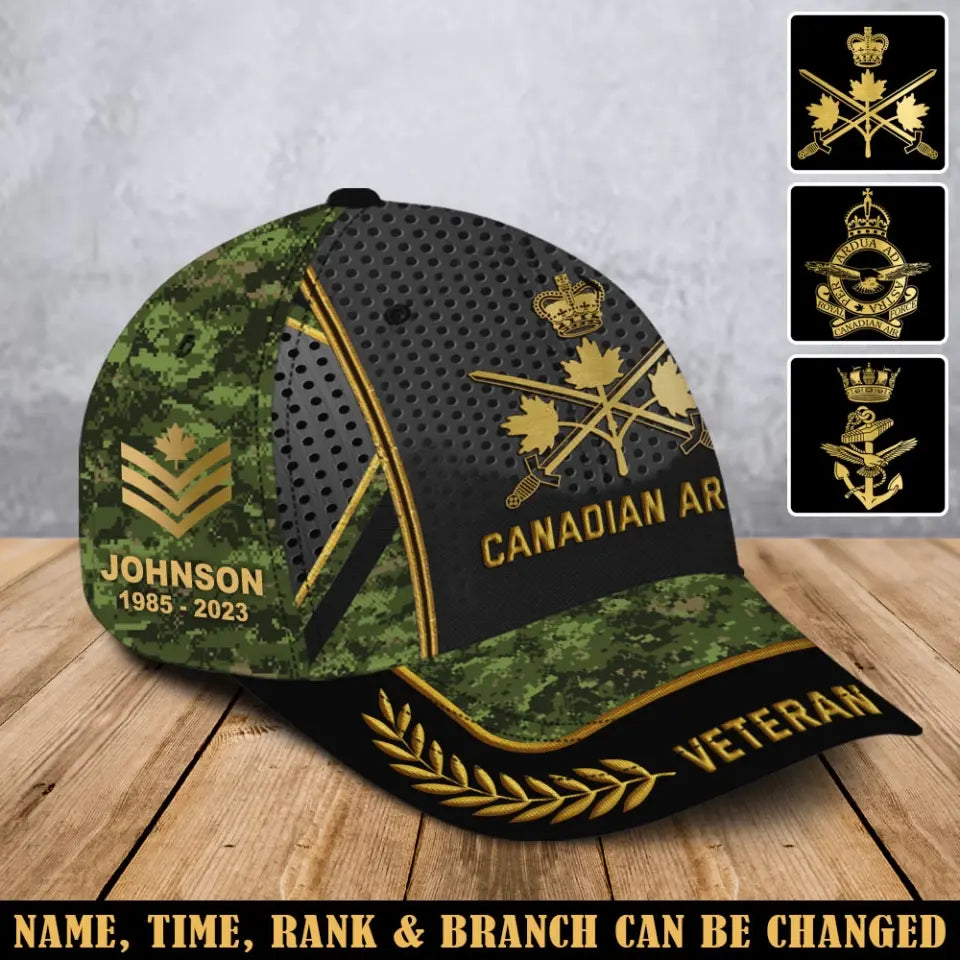 Personalized Canadian Army Veteran Camo Canadian Military Logo Custom Rank & Name Cap 3D Printed AHVA241906