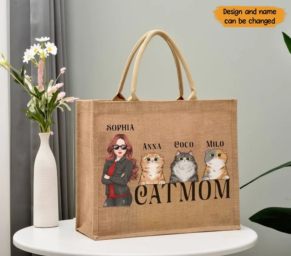 Personalized Cat Mom Cute Cats Custom Name Cat Lovers Gift Jute Tote Bag Printed KVH241912