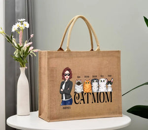 Personalized Cat Mom Cute Cats Custom Name Cat Lovers Gift Jute Tote Bag Printed KVH241912