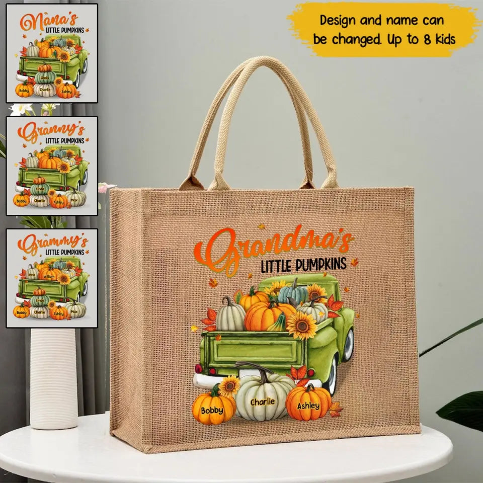 Personalized Grandma's Little Pumpkins & Kid Names Jute Tote Bag Printed VQ241923