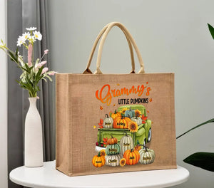 Personalized Grandma's Little Pumpkins & Kid Names Jute Tote Bag Printed VQ241923