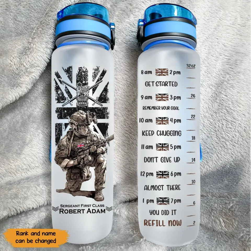 Personalized British Veteran British Military Logo Custom Rank & Name Water Tracker Bottle Printed KVH241940