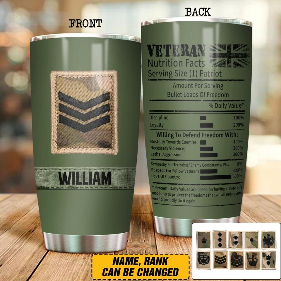 Personalized UK Veterans Nutrition Facts Tumbler Printed QTDT3006