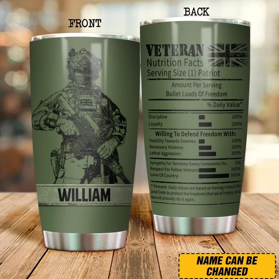 Personalized UK Veterans Nutrition Facts Tumbler Printed QTDT0107