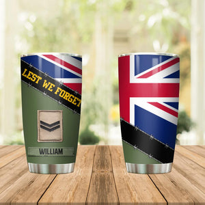 Personalized UK Veteran/ Solider Lest We Forget Tumbler Printed QTDT0507