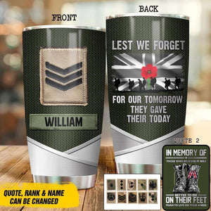 Personalized UK Veteran/ Solider Lest We Forget or In Memory Tumbler Printed QTDT0707