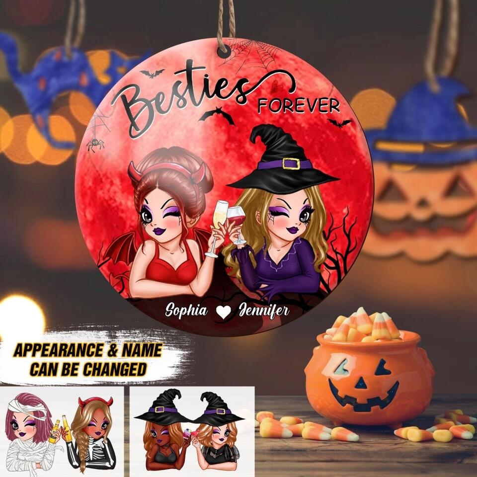 Personalized Halloween Bestie Forever On Roof Red Moon Wood Ornament Printed 22AUG-DT12