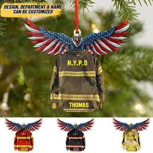 Personalized American Firefighter Costume With Department and Name Christmas Wood Ornament Printed QTDT2809